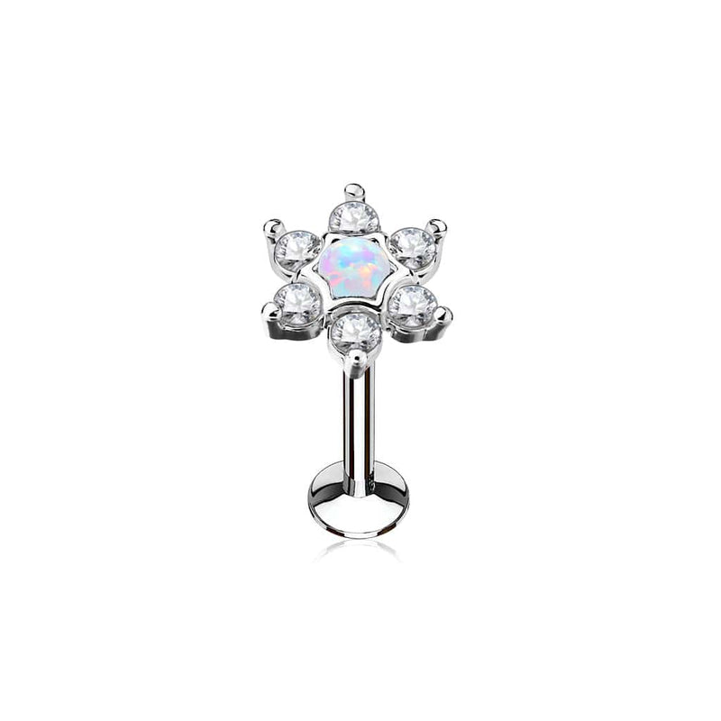 316L Surgical Steel White CZ with White Opal Flower Labret - Pierced Universe