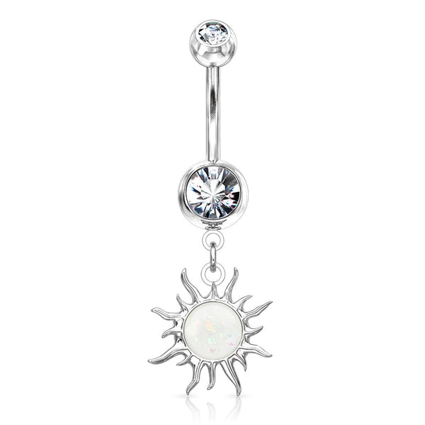 316L Surgical Steel White Glitter Opal Tribal Sun Belly Button Ring - Pierced Universe