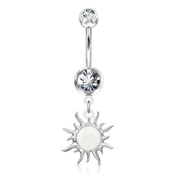316L Surgical Steel White Glitter Opal Tribal Sun Belly Button Ring 316L Surgical Steel White Glitter Opal Tribal Sun Belly Button Ring