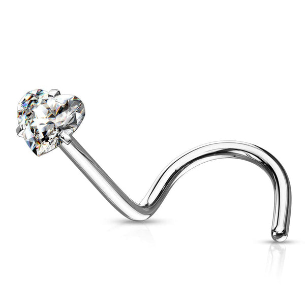 316L Surgical Steel White Heart CZ Corkscrew Nose Pin Ring - Pierced Universe