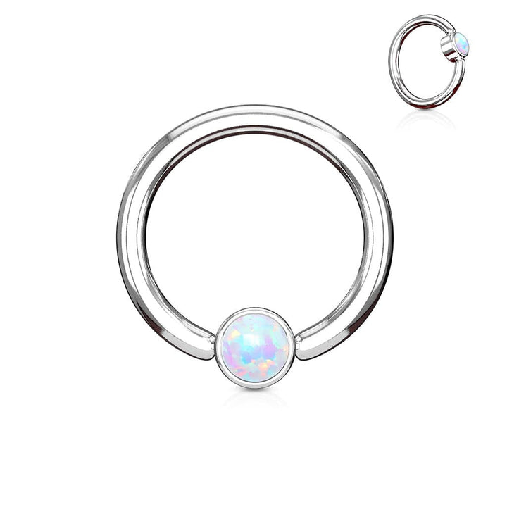 316L Surgical Steel White Opal Flat Disk Captive Bead Ring Hoop Ring - Pierced Universe
