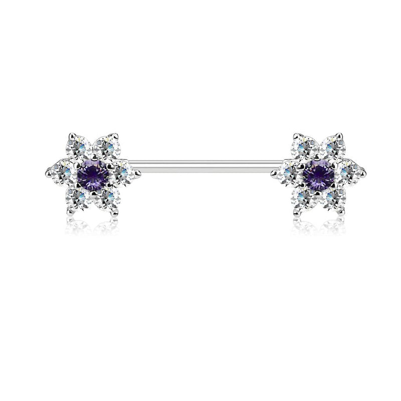 316L Surgical Steel White & Tanzanite CZ Flower Nipple Ring Barbell - Pierced Universe