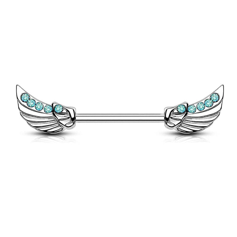 316L Surgical Steel Wing Nipple Ring with Aqua Gems - Pierced Universe