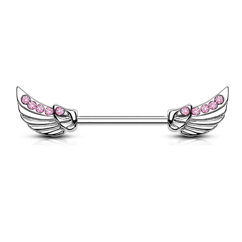 316L Surgical Steel Wing Nipple Ring with Pink Gems - Pierced Universe