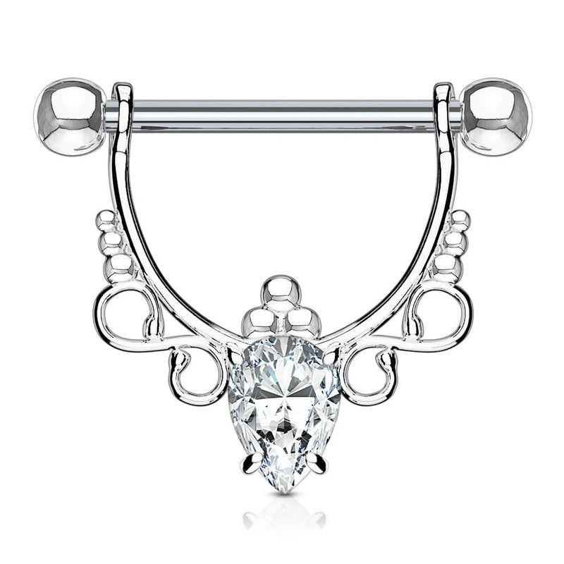 316L Surgical Steel with White Pear CZ Dangle Nipple Ring Barbell - Pierced Universe