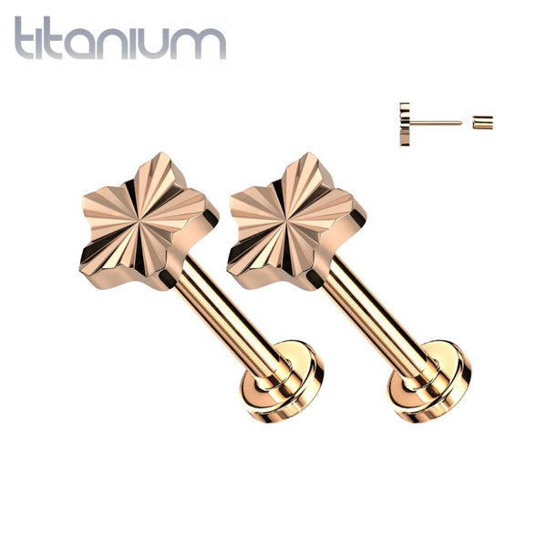 Pair of Implant Grade Titanium Rose Gold PVD Dainty Ridged Star Threadless Push In Earrings With Flat Back - Pierced Universe