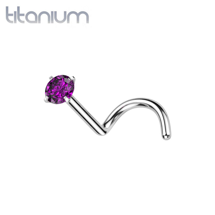 Implant Grade Titanium Corkscrew Nose Ring Stud Purple CZ With Prong - Pierced Universe