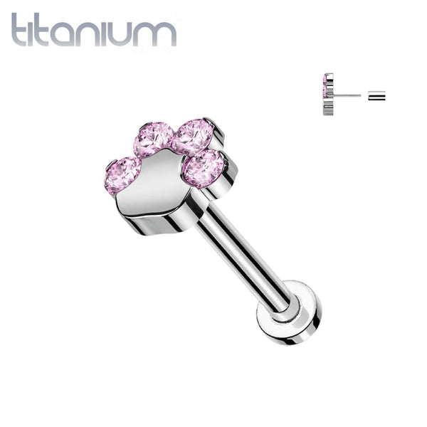 Implant Grade Titanium Paw Print Pink CZ Threadless Push In Labret - Pierced Universe