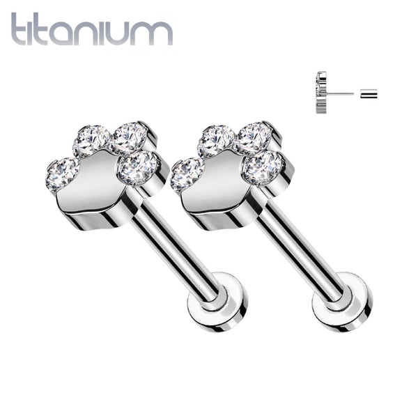 Pair of Implant Grade Titanium Paw Print White CZ Push In Earrings With Flat Back - Pierced Universe