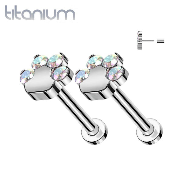 Pair of Implant Grade Titanium Paw Print Aurora Borealis CZ Push In Threadless Earrings With Flat Back Pair of Implant Grade Titanium Paw Print Aurora Borealis CZ Push In Threadless Earrings With Flat Back