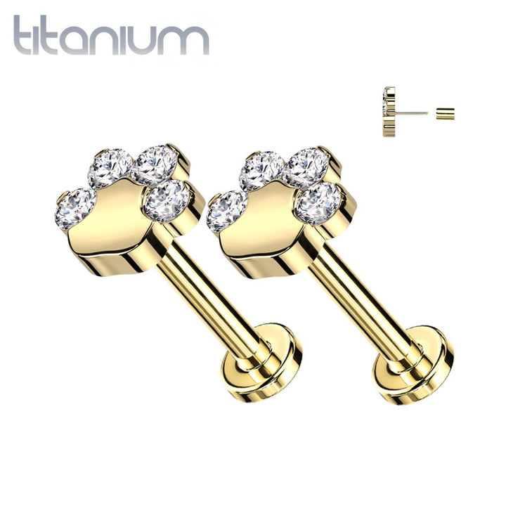 Pair of Implant Grade Titanium Gold PVD Paw Print White CZ Push In Earrings With Flat Back - Pierced Universe