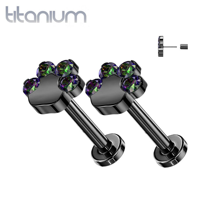 Pair of Implant Grade Titanium Black PVD Paw Print VM CZ Push In Earrings With Flat Back - Pierced Universe