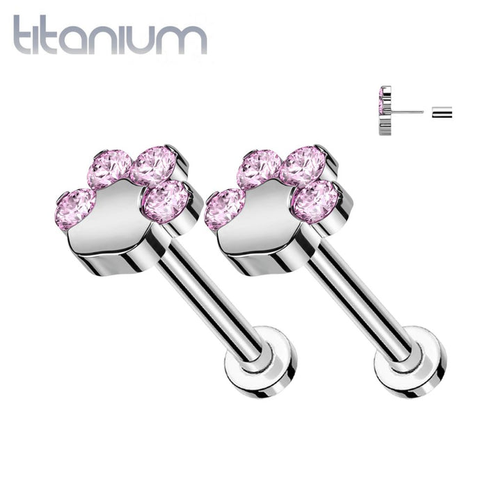 Pair of Implant Grade Titanium Paw Print Pink CZ Push In Earrings With Flat Back - Pierced Universe
