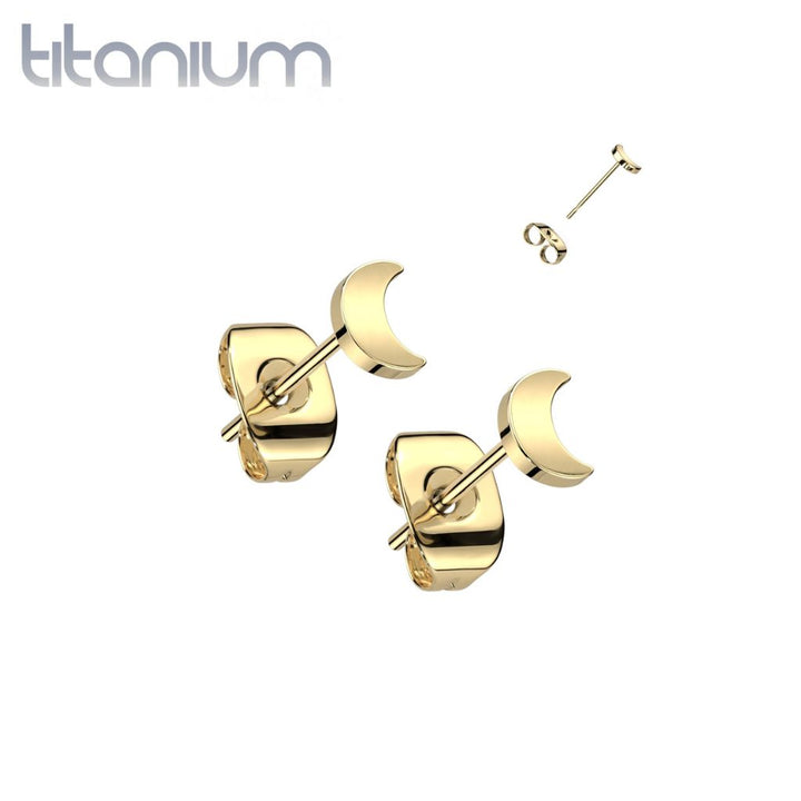 Pair of Implant Grade Titanium Gold PVD Simple Dainty Moon Shaped Stud Earrings - Pierced Universe