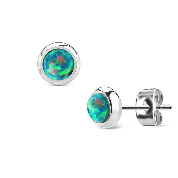 6mm Bezel Green Opal Surgical Steel Stud Earrings - Pierced Universe