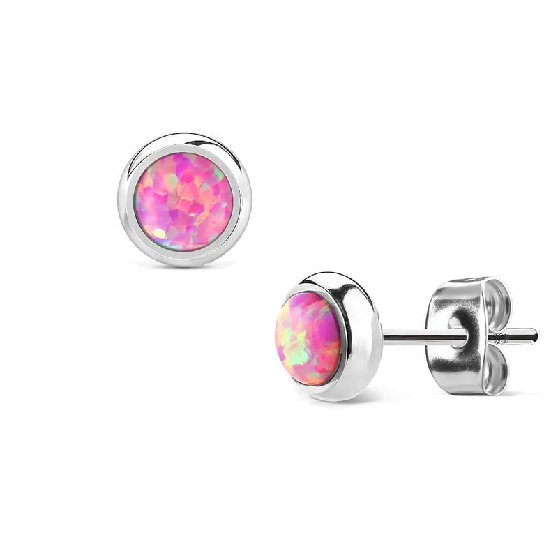 6mm Bezel Pink Opal Surgical Steel Stud Earrings - Pierced Universe