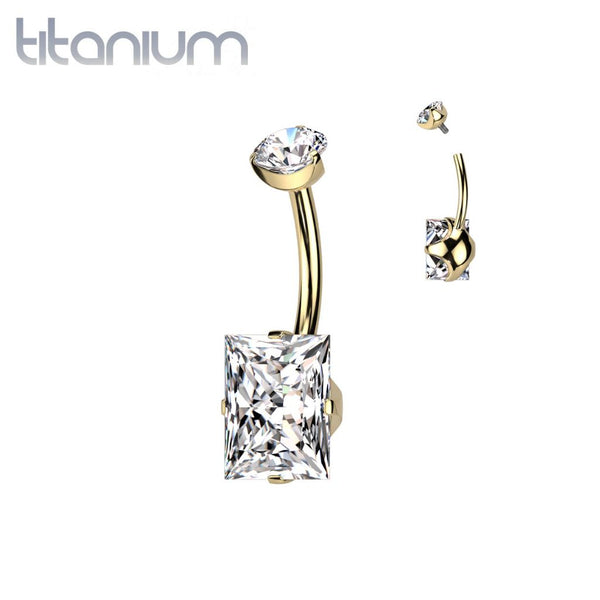 Implant Grade Titanium Gold PVD White CZ Squared Gem Belly Ring - Pierced Universe