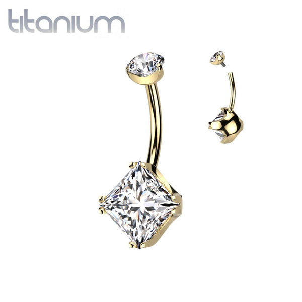Implant Grade Titanium Gold PVD White CZ Simple Square Gem Belly Ring Implant Grade Titanium Gold PVD White CZ Simple Square Gem Belly Ring
