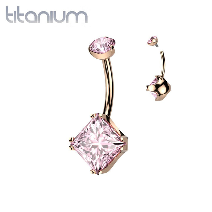 Implant Grade Titanium Rose Gold PVD Pink CZ Simple Square Gem Belly Ring - Pierced Universe