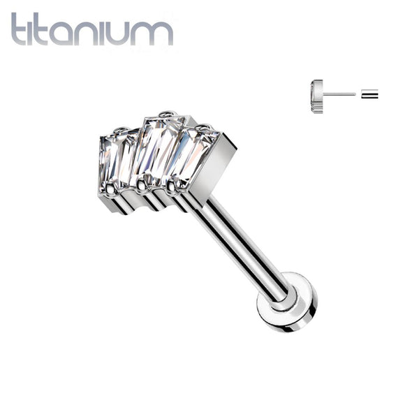 Implant Grade Titanium Triple Baguette White CZ Gem Threadless Push In Labret - Pierced Universe