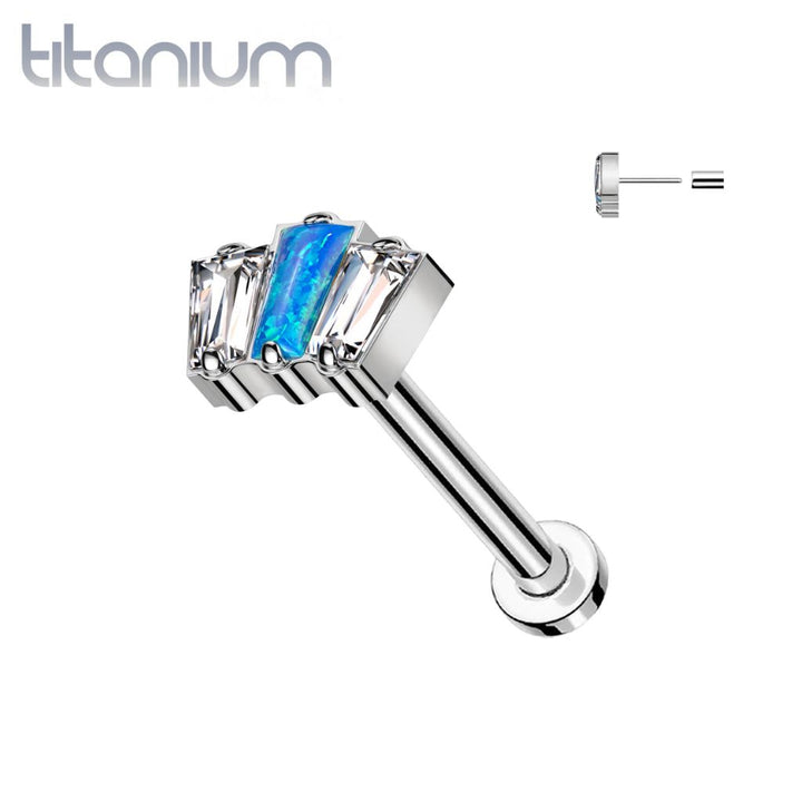 Implant Grade Titanium Triple Baguette White CZ Blue Opal Threadless Push In Labret - Pierced Universe