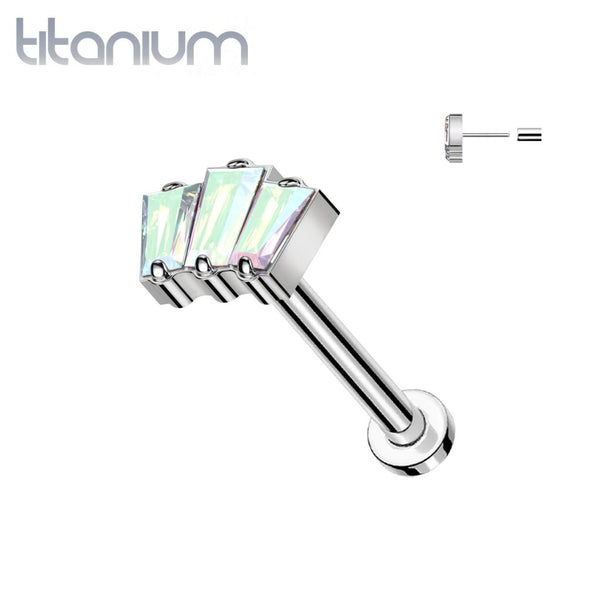 Implant Grade Titanium Triple Baguette Aurora Borealis CZ Gem Threadless Push In Labret - Pierced Universe
