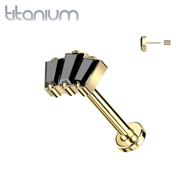 Implant Grade Titanium Gold PVD Triple Baguette Black CZ Gem Threadless Push In Labret - Pierced Universe