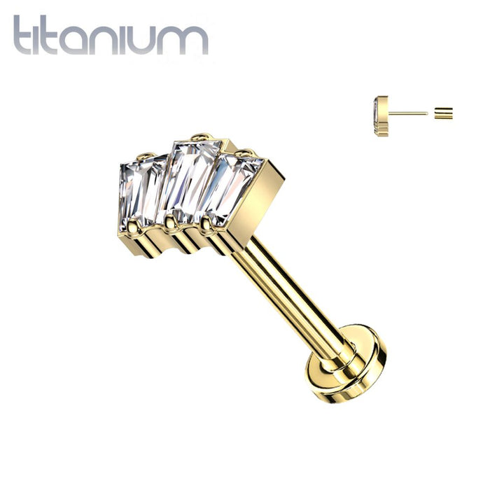 Implant Grade Titanium Gold PVD Triple Baguette White CZ Gem Threadless Push In Labret - Pierced Universe