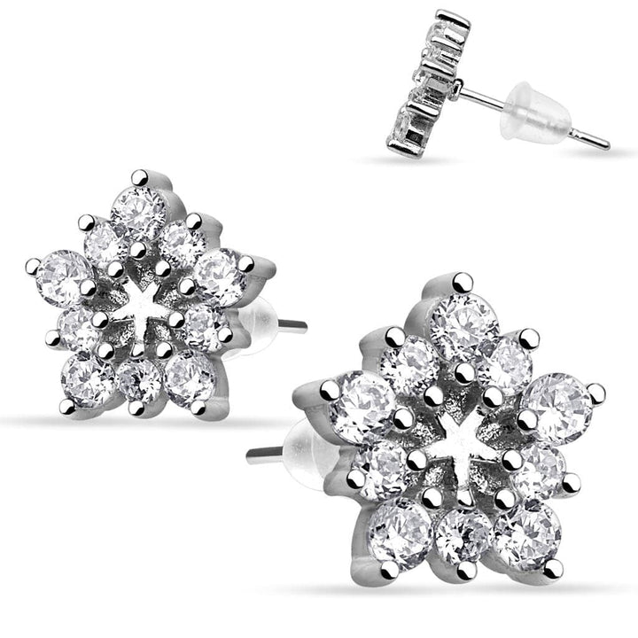 925 Sterling Silver Ultra Clear CZ Crystal Flower Stud Earrings - Pierced Universe