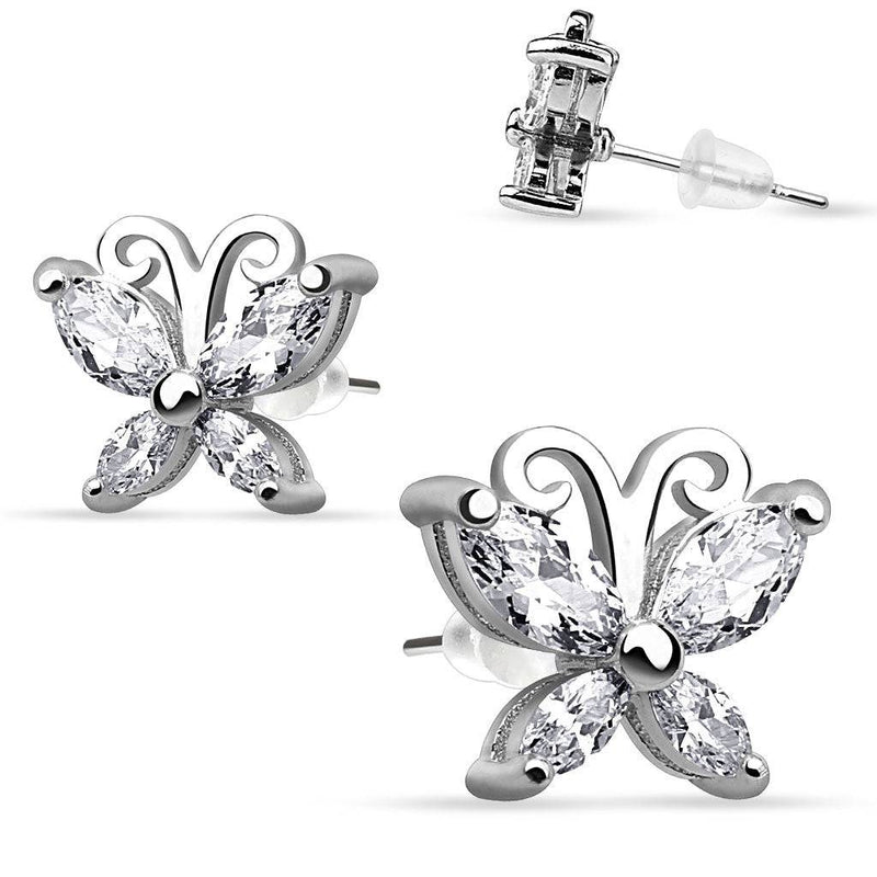925 Sterling Silver Ultra Clear CZ Gem Butterfly Stud Earrings - Pierced Universe