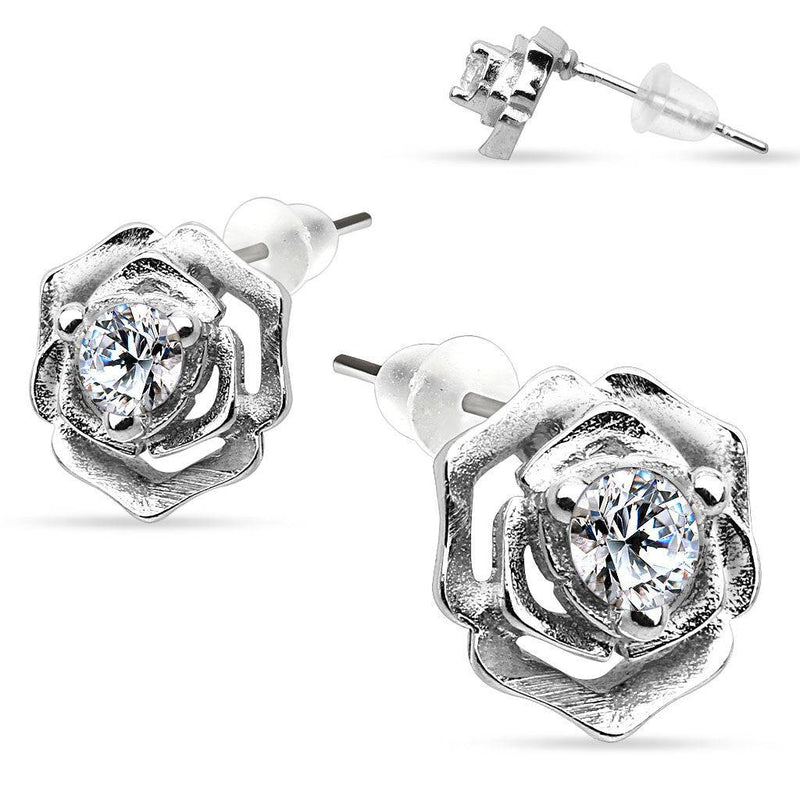 925 Sterling Silver Ultra Clear CZ Gem Flower Rose Tulip Stud Earrings - Pierced Universe