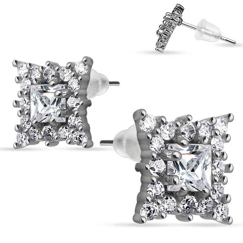 925 Sterling Silver Ultra Clear Paved CZ Crystal Square Princess Cut Stud Earrings - Pierced Universe