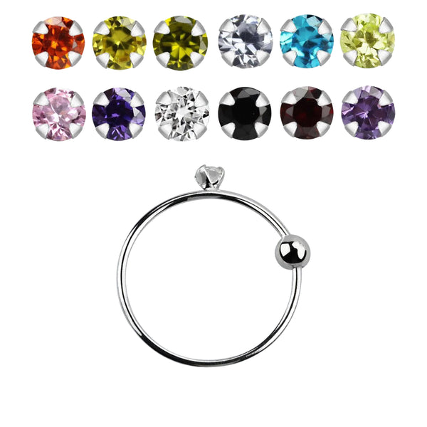 925 Sterling Silver Single Prong Gem Fixed Ball Nose Ring Hoop - Pierced Universe