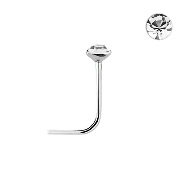 925 Sterling Silver Tiny 1.25mm Crystal L Shape Nose Pin Ring Stud - Pierced Universe