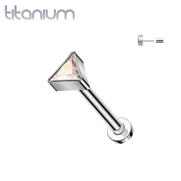 Implant Grade Titanium Aurora Borealis CZ Triangle Threadless Push In Labret - Pierced Universe