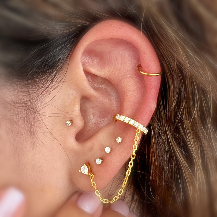 925 Sterling Silver Gold PVD Chain Connected CZ Stud With Faux Cartilage Conch Hoop - Pierced Universe