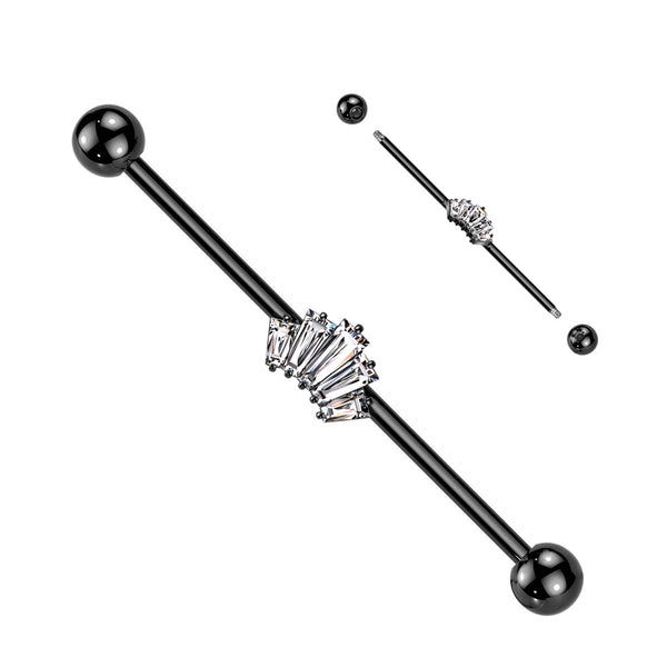 316L Surgical Steel Black PVD White CZ 5 Gem Baguette Industrial Barbell - Pierced Universe