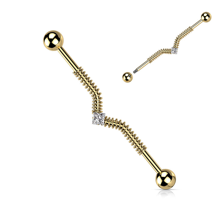 316L Surgical Steel Gold PVD Wire Wrapped White CZ Industrial Barbell - Pierced Universe