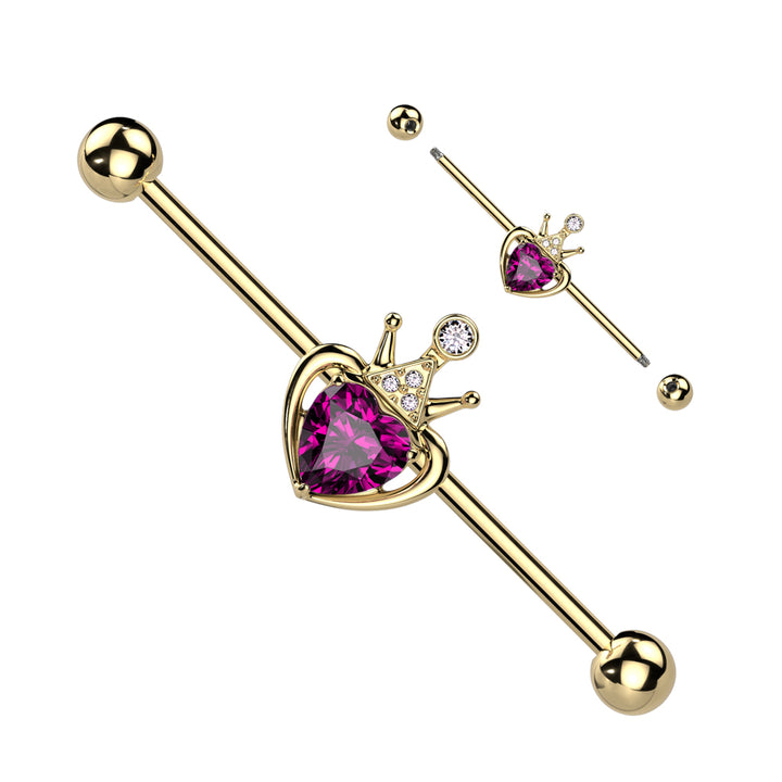 316L Surgical Steel Gold PVD Pink & White CZ Heart Crown Industrial Barbell - Pierced Universe
