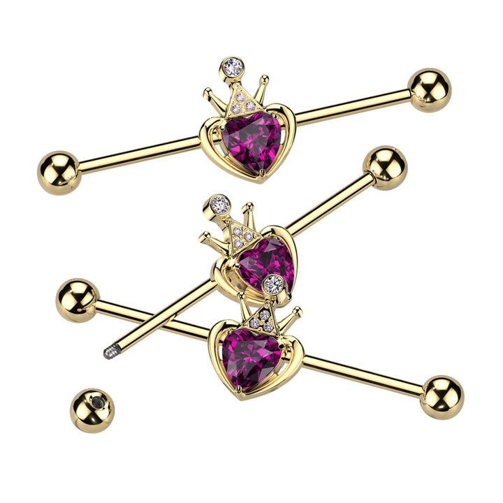 316L Surgical Steel Gold PVD Pink & White CZ Heart Crown Industrial Barbell - Pierced Universe