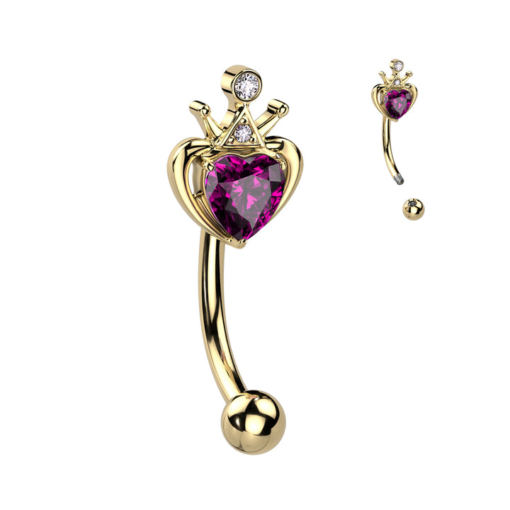 316L Surgical Steel Gold PVD Pink & White CZ Heart Crown Curved Barbell - Pierced Universe