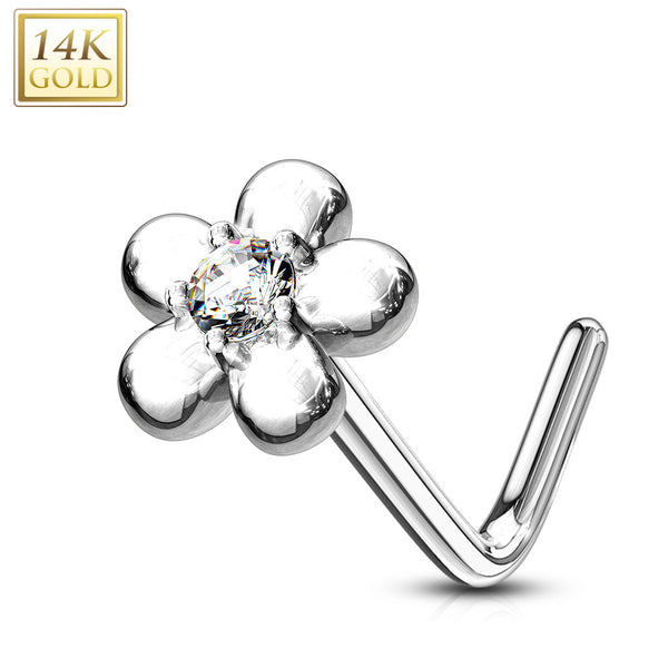 14KT Solid White Gold L Shape Flower Nose Ring with White CZ - Pierced Universe