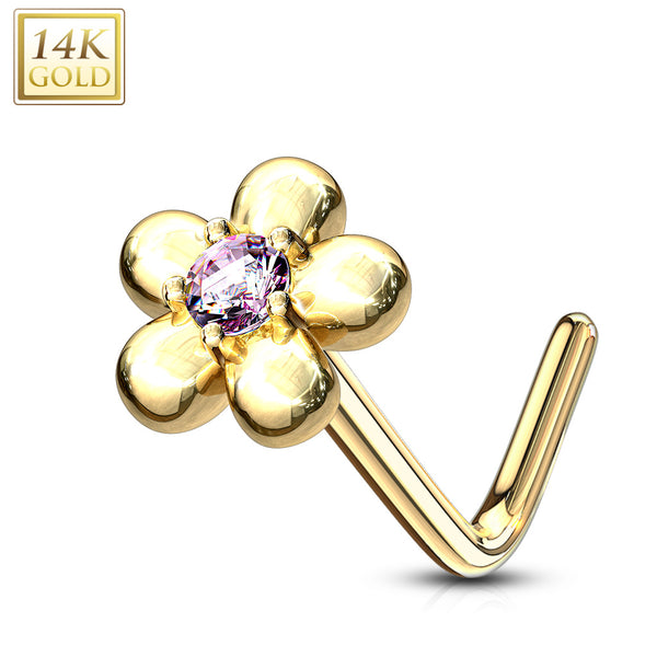 14KT Solid Yellow Gold L Shape Flower Nose Ring with Pink CZ - Pierced Universe