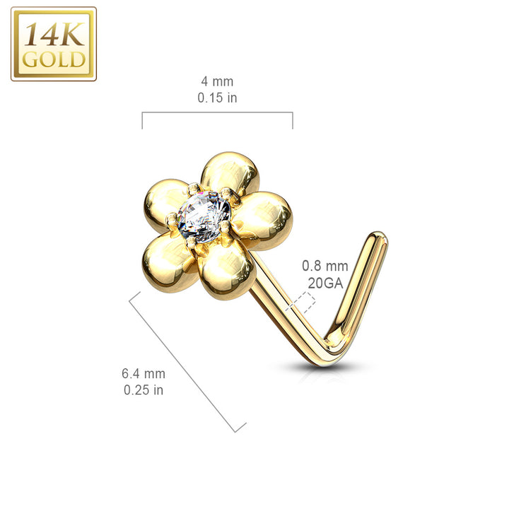 14KT Solid Yellow Gold L Shape Flower Nose Ring with White CZ - Pierced Universe