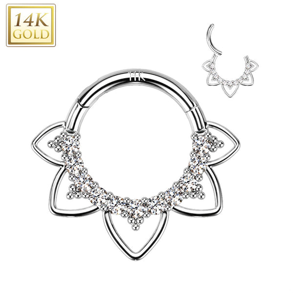 14kt White Gold CZ Floral Beaded Tribal Septum Daith Hinged Clicker Hoop - Pierced Universe