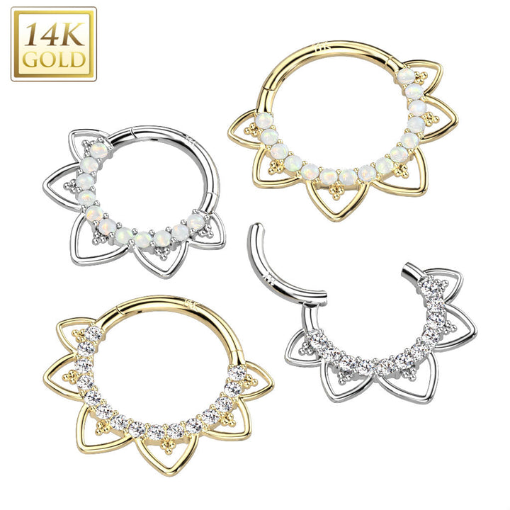 14kt White Gold CZ Floral Beaded Tribal Septum Daith Hinged Clicker Hoop - Pierced Universe