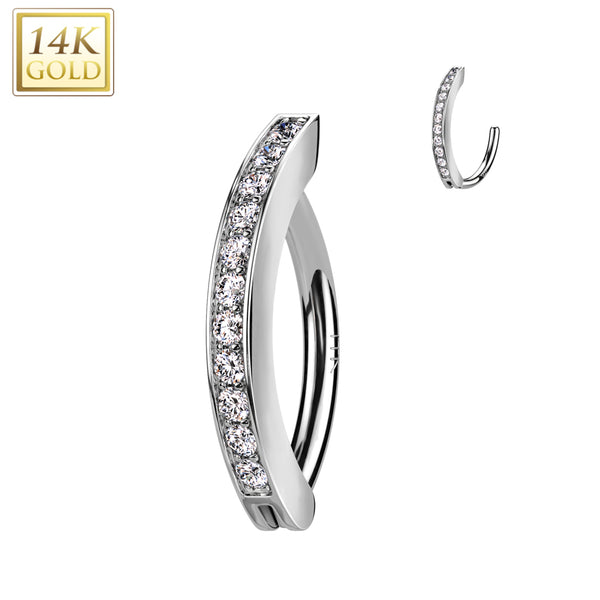 14KT White Gold White CZ Clicker Hoop Hinged Belly Ring - Pierced Universe