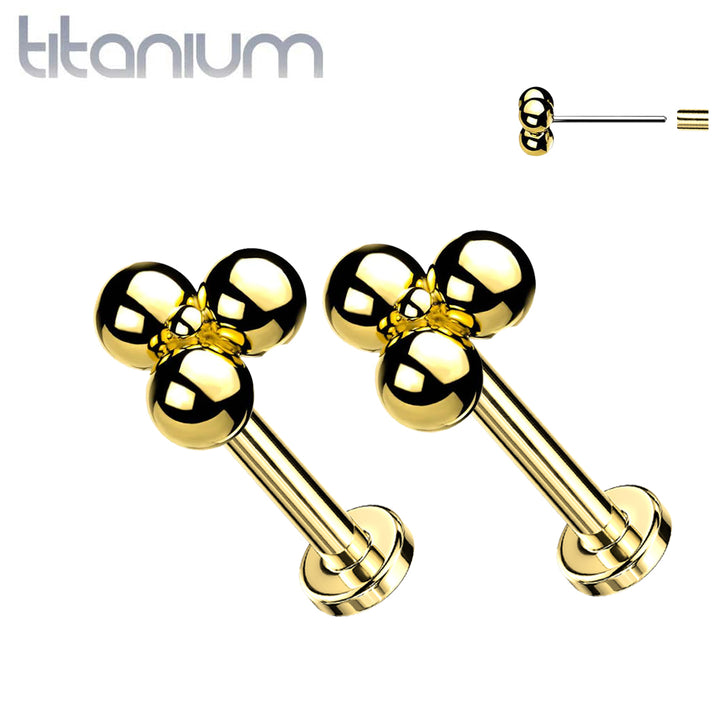 Pair of Implant Grade Titanium Threadless  Gold PVD Trillium Earring Studs with Flat Back - Pierced Universe