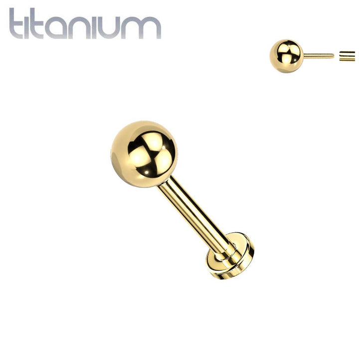 Implant Grade Titanium Gold PVD Threadless Push In Ball Top Labret With Flat Back - Pierced Universe