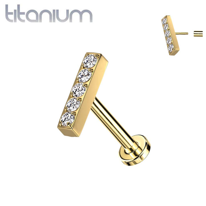 Implant Grade Titanium Gold PVD Threadless Push In Labret White Studded CZ Rectangle Bar - Pierced Universe